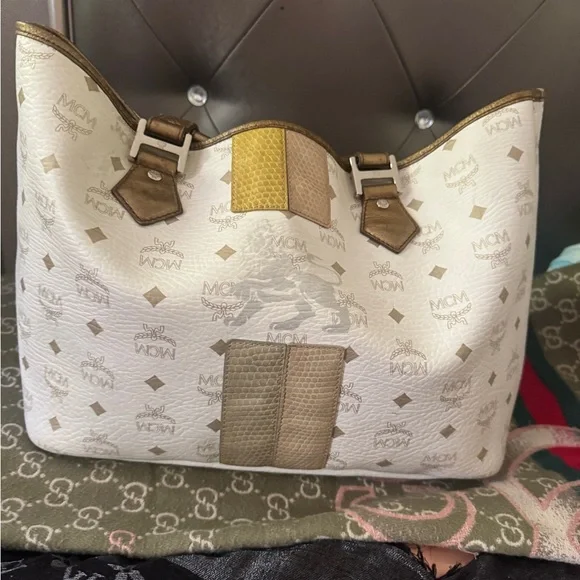 MCM White and Gold Visetos Tote with Brown Trim - Picture 2 of 10